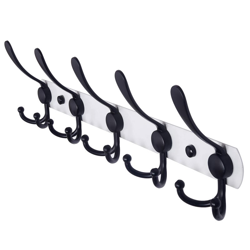 Dseap Wall Mounted Coat Rack - 5 Tri Hooks, Heavy Duty, Stainless Steel, Metal Coat Hook Rail for Coat Hat Towel Purse Robes Mudroom Bathroom Entryway,White & Black - Image 1